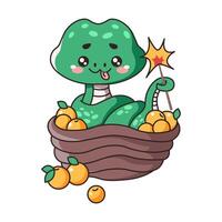 Snake with Bengal fire and basket of apples flat color image. Kawaii snake symbolism with traditional New Year elements on white vector