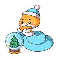 Snake gazing at glass toy ball with New Year tree flat color style. Charming Kawaii snake adds touch of wonder and festivity on white background vector