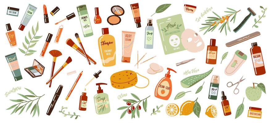 Organic cosmetic products with natural elements 2D cartoon objects set. Makeup supplies and skincare treatment flat line objects on white background