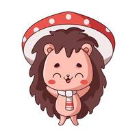 Happy Kawaii hedgehog wears quirky mushroom hat flat color . Charming forest creature adds whimsical touch to illustration on white background vector