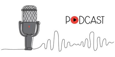 Continuous one line drawing of podcast microphone. Suitable for banner music, webinar, online training. illustration vector