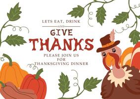 Cute Turkey bird and pumpkins. Give thanks vector