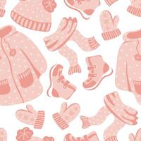 Seamless pattern with warm clothes, mittens, jacket, scarf and hat on white background. vector