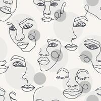 Abstract one line seamless pattern. Continuous one line art background with female faces vector