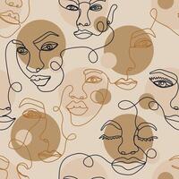 Abstract one line seamless pattern. Continuous one line art background with female faces vector