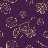 Seamless pattern with contour alder leaves and twigs on dark background vector