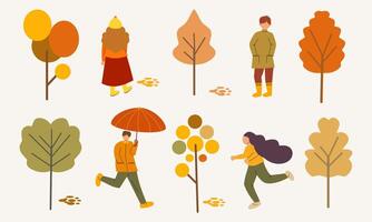 Colorful autumn park. Flat illustration of trees and different people having fun in park. Elements set for fall. vector