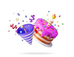 3D cake with candle and popper with confetti. Render chocolate layer cake decorated with purple glaze icing. vector