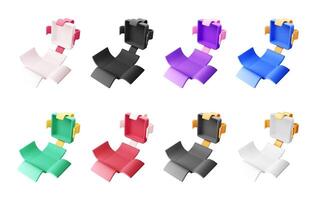 3D open gift box set. Render collection of colorful wrapped box. Christmas, new year, sale, shopping. Present box with bows ribbons. vector