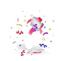 3D open gift box with falling confetti. Render present box surprise. vector