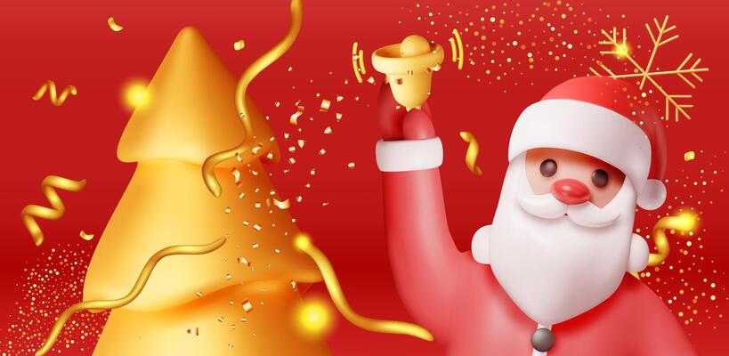 3D santa claus with bell and gold christmas tree. Render happy new year decoration banner. Merry christmas holiday. New year and xmas celebration.