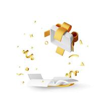 3D open gift box with falling confetti. Render present box surprise. vector