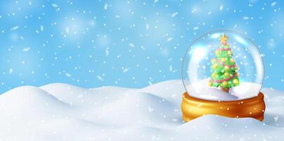 3D christmas background. Render christmas tree in glass globe with garlands and balls. Winter landscape with fir tree and snowing happy new year celebration. New year xmas holiday. vector