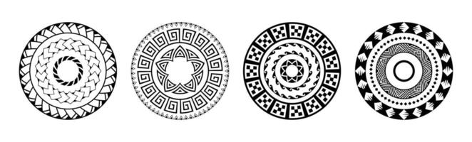Set of tribal mandala art, abstract circular geometric designs in Polynesian and Hawaiian styles. Aztec simple mandalas vector