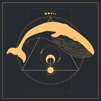 Abstract golden celestial background with a whale and geometric elements vector