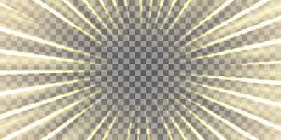Radial speed rays, light neon flow, zoom in motion effect, gold glow speed lines, colorful light trails, perspective stripes. vector