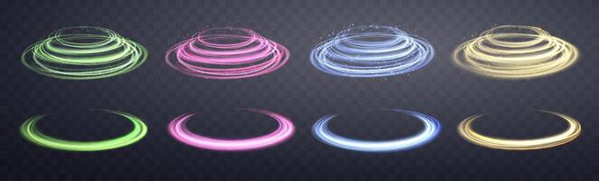 Glowing magic rings set. Neon realistic energy flare rings with sparkling particles. Abstract light effect vector