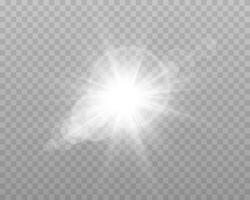 White sunlight lens flare, sun flash with rays and spotlight. Silver glowing burst explosion vector