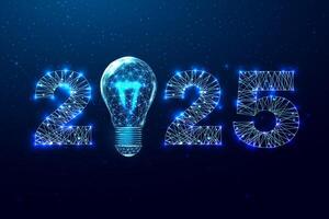 Happy new year 2025 greeting card. Low poly style design. Numbers and lightbulb from a polygonal wireframe mesh. vector