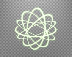 Atom particle, light effect glowing green magic rings. Neon realistic energy swirl. Abstract light effect vector