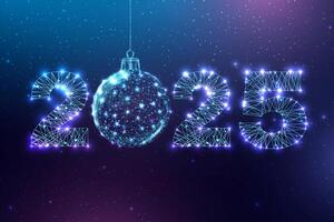 Happy new year 2025 greeting card. Low poly style design. Numbers from a polygonal wireframe mesh. vector
