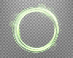 Green magic ring with glowing particles and bokeh. Neon realistic energy ring with halo. Abstract light effect vector
