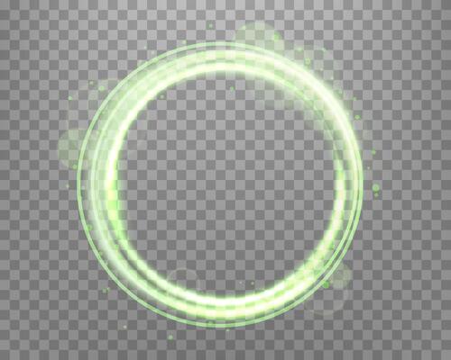 Green magic ring with glowing particles and bokeh. Neon realistic energy ring with halo. Abstract light effect