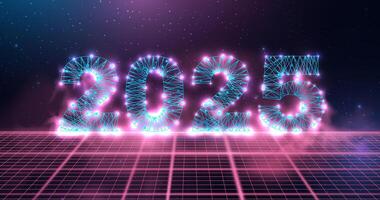 Happy new year 2025 greeting card, numbers from a polygonal wireframe mesh with pink smoke. vector