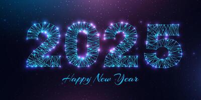Happy new year 2025 greeting card. Low poly style design. Numbers from a polygonal wireframe mesh. vector
