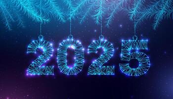 Postcard Happy New Year 2025. Low poly Christmas ball and fir branches. Numbers from a polygonal wireframe. vector