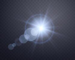 Blue sunlight lens flare, sun flash with rays and spotlight. Glowing burst explosion vector