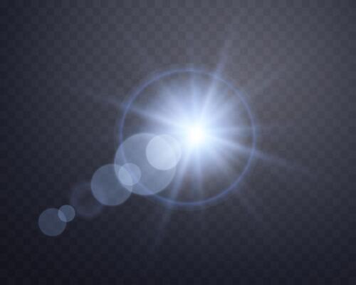 Blue sunlight lens flare, sun flash with rays and spotlight. Glowing burst explosion