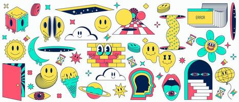 Psychedelic retro cartoon style illustration set. Abstract hallucinations. Surrealistic objects and characters vintage animation art vector