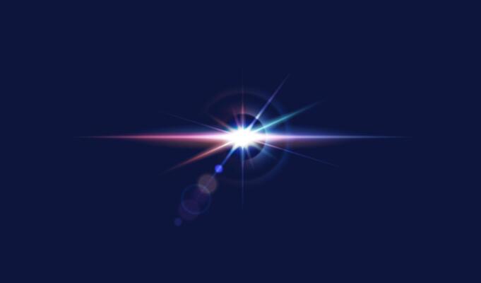 Bright light flash burst realistic illustration. Sparkling star in open space 3d element on dark blue background. Fantasy art design