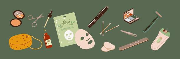 Makeup and organic cosmetic products 2D cartoon objects set. Pampering procedures and skin treatment flat line objects on green background vector