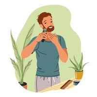 Happy man trimming beard with machine flat color illustration. Attractive male shaving bristle with cutter tool concept icon on white vector