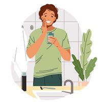 Smiling man moisturizing skin after shaving in bathroom flat color illustration. Happy guy applying balm onto face concept icon on white vector