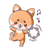 Kawaii fox plays tambourine flat illustration. Funny fox cub creates beautiful and uplifting melody icon on white background vector