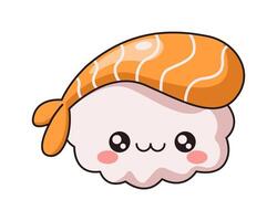 Funny sashimi with prawn and smiling face flat color illustration. Asian healthy food. Kawaii seafood character on white background vector