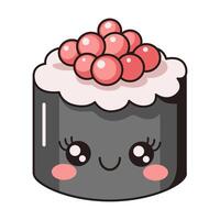 Whimsical sashimi with red caviar flat color image. Kawaii seafood character embodies Asian cuisine on white background vector