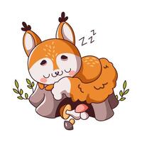 Squirrel naps on rock with mushrooms flat color illustration. Kawaii forest rodent looking fluffy and relaxed on white background vector
