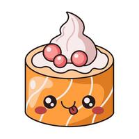 Kawaii sushi roll with salmon and cream cheese flat color illustration. Japanese food element character on white background vector