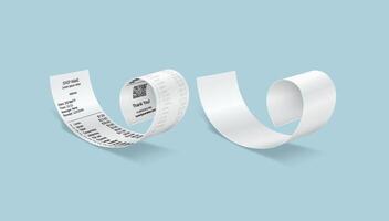 Rolled paper checks realistic illustration set. Blank and filled supermarket bills. Purchases list to pay 3d elements on light blue vector