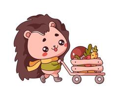 Kawaii hedgehog towing cart full of vegetables flat color style. Whimsical forest creature heading home with harvest goodies on autumn day vector