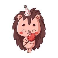 Kawaii hedgehog with strawberry flat color illustration. Funny forest animal relishes juicy berry with happy expression on white background vector