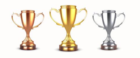 Contest winners rewards realistic illustration set. Golden, silver and bronze trophy goblets 3d models on white background vector