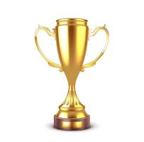 Golden metal cup for best in contest realistic illustration. Elegant reward with handles on podium 3d object on white background vector