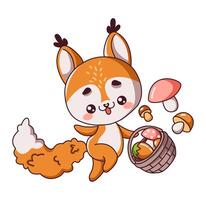 Squirrel jumping up with basket of mushrooms flat color illustrations. Adorable kawaii wild animal exploring forest icon on white background vector