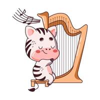 Kawaii cow plucks strings of harp flat illustration. Funny calf plays serene and beautiful melody on harp icon on white background vector