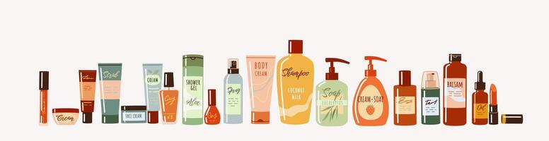 Cosmetic products with natural elements 2D cartoon objects set. Makeup supplies and skincare treatment flat line objects on white background vector